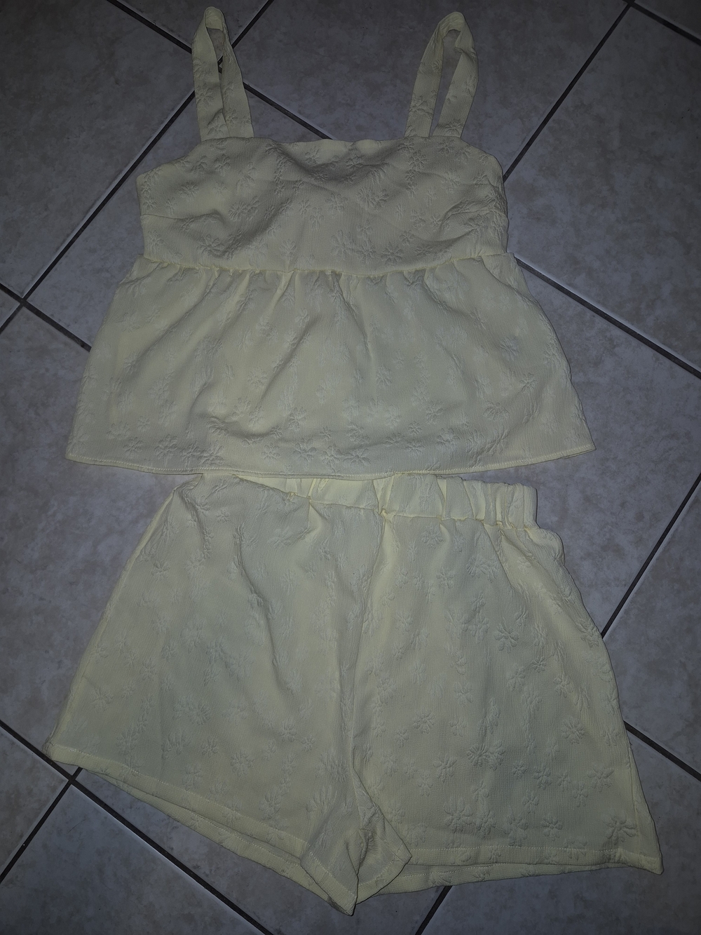 SHEIN Pale Yellow Embroidered High Waist Shorts Set